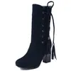 Novas Botas Curtas com Franjas Outono e Inverno Femininas Salto Grosso Salto Alto Zíper Lateral Cano Curto Botas Femininas da Moda Martins X25020042
