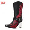 2026 Nuevos Llegados Artículos en Stock Otoño Invierno Zapatos de Mujer Estación Independiente de Amazon Tacón Grueso Bordado Botas de Cuero para Mujer de Media Pantorrilla