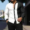 Camisa de manga larga de comercio exterior transfronterizo para hombres musculosos, cuello camisero de bloques de color, elasticidad en cuatro direcciones, sin arrugas, directo de fábrica, venta al por mayor desde una sola pieza