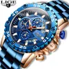 Reloj de cuarzo LIGE para negocios con correa de silicona, correa de silicona rosa dorado y azul, correa de silicona rosa dorado y negra, todo negro con calendario para hombre