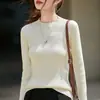 Blusa de tricô feminina de algodão puro com listras verticais e gola alta, adequada para primavera e outono, amiga da pele, respirável e modeladora, uma peça básica para usar por baixo na primavera e no outono