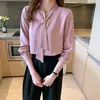 Estilo Novo Primavera e Outono Gravata Borboleta Profissional Camisa Branca de Chiffon Top Feminino Elegante Decote em V Camisa Básica Roupa de Verão