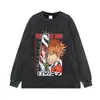 Camiseta estampada, lavada e com efeito desgastado, manga curta, estilo anime japonês, retrô, oversized, ombro caído, modelagem solta, top moderno de meia manga, disponível em estoque