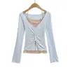 8750-26 Outono Estilo Desejo Puro Renda Sexy Patchwork Falso Duas Peças Torcido Manga Longa Camiseta Cintura Marcada Cropped
