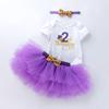 Atacado transfronteiriço ins roupas infantis novo desenho animado aniversário manga curta vestido princesa cor acessório de cabeça conjunto de três peças