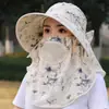 Sombrero de Protección Solar para Recoger Té para Mujeres, Máscara Parasol de Verano, Ala Grande Integrada, Sombrero de Pescador Transpirable, Sombrero de Protección Solar para Exteriores con Protección para el Cuello