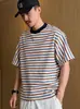 Camiseta de Manga Corta con Bloques de Color y Rayas Arcoíris Estilo Coreano para Hombres y Mujeres, Corte Relajado, Cuello Redondo, Hombro Normal, Manga Media, Camiseta Casual de Verano