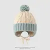 Gorro infantil de bloques de color para otoño e invierno con pompón grande, gorro de lana con cordones para niños y niñas