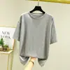 Conjunto 2022 Versátil Verano Nuevo Oufan Talla Grande Casual Camiseta de Mujer Color Sólido Manga Corta Camisa Base Suelta