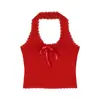 Camisola de cuello halter con lazo para mujer [con almohadillas para el pecho] para usar en interiores y exteriores en verano, con encaje y almohadillas para el pecho.