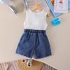 Ropa Transfronteriza Europea y Americana para Niños Shein Top de Manga Corta Liso de Canalé para Niñas con Estampado Pequeño de Zouju Pantalones Cortos de Mezclilla Abiertos