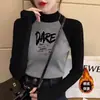 Gola Alta Meia Manga Estilo Coreano Novo Veludo Alemão Camiseta Básica Outono e Inverno Cinza Ombro Direito Slim Fit Manga Raglan Feminina Manga Longa