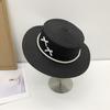 Sombrero de Copa Parasol de Verano Protector Solar para Mujer Estilo Francés Retro Cadena de Perlas Parte Superior Plana Moda Casual Lazo Sombrero de Paja