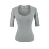 Camiseta de Color Sólido con Borde Deshilachado, Cuello en U de Manga Media, Estilo Puro Deseo, Nuevo Top Básico Versátil de Color Sólido Ajustado Favorecedor para Primavera/Verano