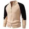 Cardigan de Tricô Masculino com Gola Alta e Zíper, Outono/Inverno 2026, Suéter Color Block com Manga Raglan, Blusa Casual Grossa de Manga Longa para Homens