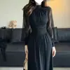 Elegante Vestido de Color Sólido con Pliegues, Cuello Semi Alto, Mangas de Farol para Mujer, Primavera y Otoño, Cintura Alta, Vestido Largo con Caída para Mujeres Altas