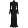 Vestido de punto de color liso teñido en hilo de cuello alto estilo cola de pez para mujer temu vestido de punto ajustado de manga larga falda larga simple