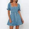Novo Vestido Jeans Quadrado Retro Europeu e Americano Primavera/Verão 2025 Roupas Femininas Renda Francesa Amarração na Cintura Saia Pequena