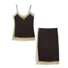 Conjunto de Top de Encaje con Textura de Satén de Seda y Falda Midi, Moda Trendy Versátil, Superventas en Amazon Aliexpress, Estilo Europeo y Americano