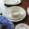 Platos de cerámica retro estilo francés con encaje floral azul, tazas y platillos de cerámica, platos de postre, platos de ensalada, platos llanos, platos hondos, platos ovalados
