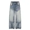 G60106 Calle Principal Estilo Americano Unisex Calle Parches Diseño Estampado Leopardo Jeans Rectos Sueltos Vintage para Hombre