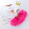 Atacado transfronteiriço ins roupas infantis novo desenho animado aniversário manga curta vestido princesa cor acessório de cabeça conjunto de três peças