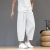 Pantalones harén rectos de talla grande, lino grueso, pantalones deportivos holgados a rayas estilo chino, pantalones cortos para hombre, verano finos nuevo estilo chino