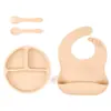 Plato con Ventosa Resistente a Caídas, Tenedor, Cuchara y Taza de Silicona de Grado Alimenticio Transfronterizo, Set con Babero de Silicona