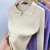 Cardigan Feminino Outono e Inverno Estilo Coreano Novo Zíper Duplo Gola Polo Senso de Design de Nicho Cor Sólida Manga Longa
