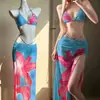 Biquíni de três peças estampado em laranja, saia longa sexy e modeladora, sutiã push-up para busto pequeno, maiô de duas peças para férias na ilha