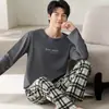 Pijama masculino, estilo primavera e outono, manga longa, calça longa, gola redonda, pulôver, algodão, simples, casual, pode ser usado fora de casa, conjunto para casa