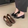 Sapatos de Salto Alto Estilo Novo 2026, Sapatos de Bico Fino para Mulheres, Estilo Francês Elegante para Primavera e Outono, Estilo de Festa, Salto Grosso, Mary Jane, Sapatos de Couro