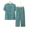 Conjunto de dos piezas de manga corta de verano para mujeres de mediana edad y ancianas para la abuela, cárdigan de algodón y seda para señoras mayores
