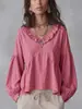 2026 Estilo nuevo transfronterizo europeo y americano manga larga holgado plisado volante color liso abertura cuello en V profundo blusa para mujer