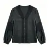 Nueva Camisa de Manga Larga con Retazos de Encaje Negro para Mujer, Primavera/Verano 2026, Elegante, Adelgazante, Versátil, Top Holgado de Cuello en V