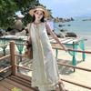 Vestido sin mangas con cuello beige para vacaciones y paseos, cintura relajada, estilo de verano para mujer, nuevo, falda que reduce la edad