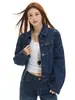 YECHUAN # Chaqueta de mezclilla azul oscuro estilo americano para mujer, corte ajustado, con cuello de solapa, estilo casual, top corto versátil