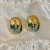 Pendientes de gota de aceite de esmalte francés de la Antigüedad Media, con pintura al óleo para mujer, con flores de perla pintadas, pendientes de mariposa con resplandor del atardecer.