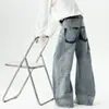 Calça Jeans Reta Larga de Comprimento Total com Design Unissex, Perna Curva, Lavagem Desgastada, Padrão de Bambu Retro Americano
