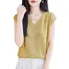 Camiseta de Punto Fina de Seda Hielo para Mujer, Camiseta de Manga Corta, Top V-Neck Único y Elegante para Verano, Moderno Diseño Hueco