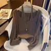 Camisa de Verano y Primavera para Mujer Tallas Grandes de 150 kg, Cuello Halter, Manga Larga, Top Único y Elegante, Camisa Base de Capa Interior Falsa de Dos Piezas