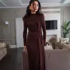 Comércio Exterior Europeu e Americano Feminino Transfronteiriço Outono 2025 Vestido Longo Wrap no Quadril Gola Redonda Alça Cruzada Slim Fit Temperamento Cor Sólida
