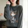 Suéter de Tricô Gola Redonda Espesso de Sete Fios Amigo da Pele com Jacquard de Gato, Pulôver Solto Básico para Mulheres, Coleção Outono/Inverno 2026