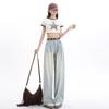 Jeans Vintage Lavados de Pierna Ancha para Mujer, Nuevo Diseño Plisado Estilo Americano, Sensación de Alta Gama, Pantalones Sueltos y Caídos de Largo Hasta el Suelo