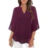 2025 Transfronteiriço Amazon Casual Verão Novo Top Feminino Europeu e Americano com Manga de Pétala Solto Decote V Camisa de Chiffon