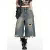 Jeans cropped rectos rasgados de moda versátiles de estilo retro americano para mujer, pantalones anchos vintage nuevos de verano