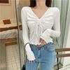 Outono Novo Slim-fit Slim Sexy Gola V Clavícula Manga Longa Camiseta Senso de Design Nicho Cordão Ins Moda Top
