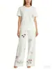 Roupas Femininas Transfronteiriças Verão 2026 Nova Moda Camiseta Estilosa Bordada de Manga Curta + Calça de Corte Reto Conjunto Casual para Mulheres