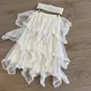 Saia Irregular Estilo Fada para Bolo com Bordas Franzidas, Meia-Saia Irregular de Tule para Bolo, Saia de Comprimento Médio de Cintura Alta para Mulheres, Transfronteiriça