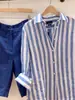 Camisa de Lino Rayas Azules y Blancas de Ramio con Protección Solar para Mujer Diseño Francés Holgada Elegante Camisa de Lino de Alto Hilo Rayas Azules